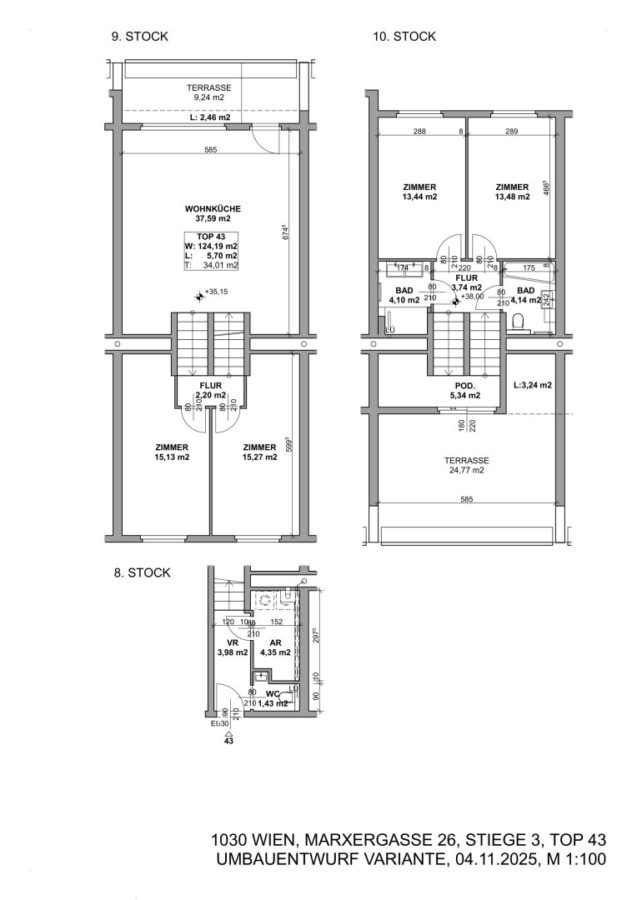 Generalsanierte Eigentumswohnung auf drei Ebenen mit zwei Terrassen - Gegenüber Sofiensäle - Grundriss